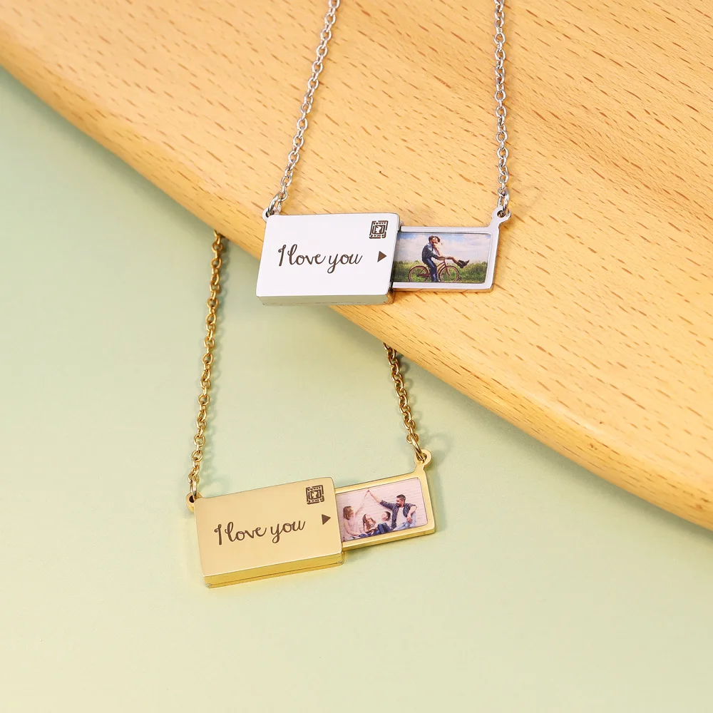 Custom Necklace Pull-Out Envelope Personalized Engraved Photo Locket Unique Pendant for Womens Girls Sliding Locket Necklaces