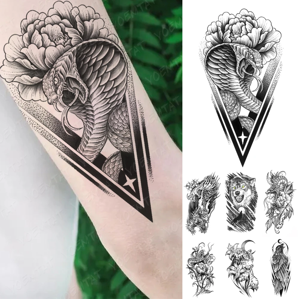 

Waterproof Temporary Tattoo Sticker Snake Cobra Dragon Wolf Tiger Peony Flower Arm Sleeve Tatoo Body Art Fake Tattoos Women Men