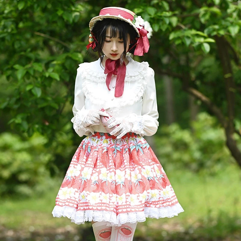 

Ainclu симпатичная кружевная японская кавайная оригинальная Лолита плиссированная Мягкая юбка с клубничным цветочным принтом