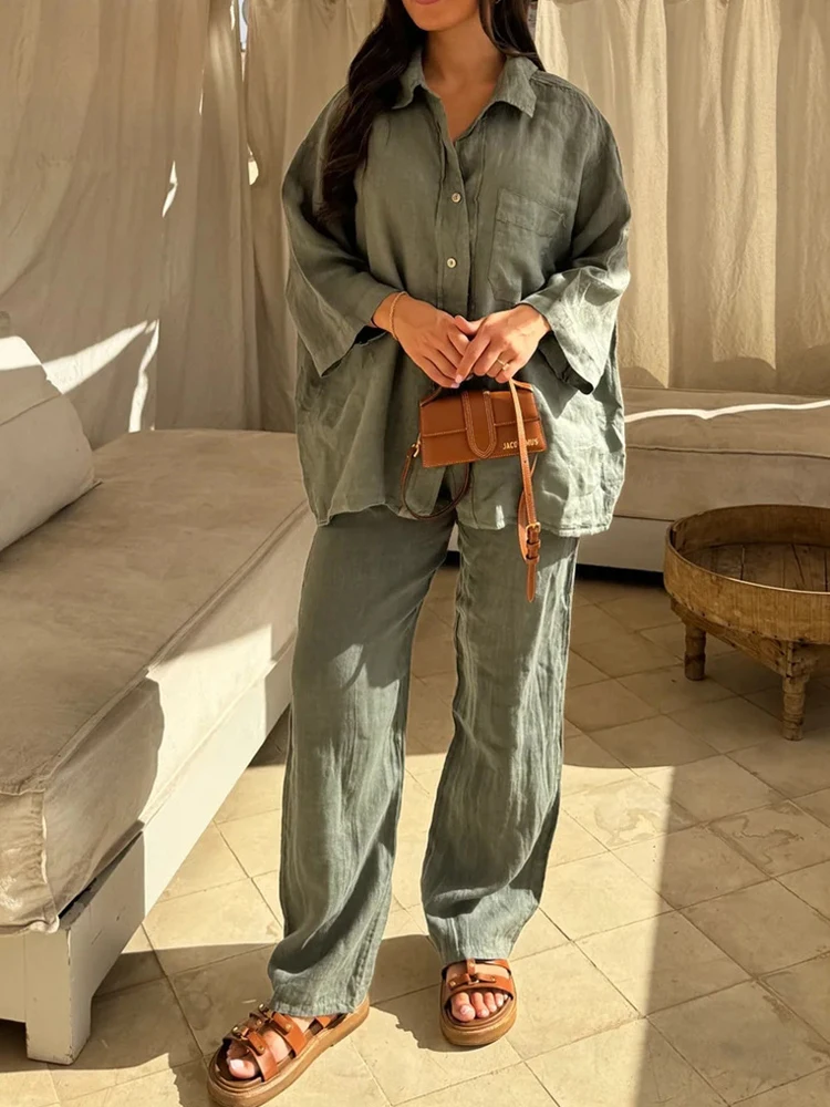 Women Long Sleeves Lapel Shirt Suits 2 Piece Sets Streetwear Loose Wide Leg Pants with V Neck Single Breasted Shirts Outfits