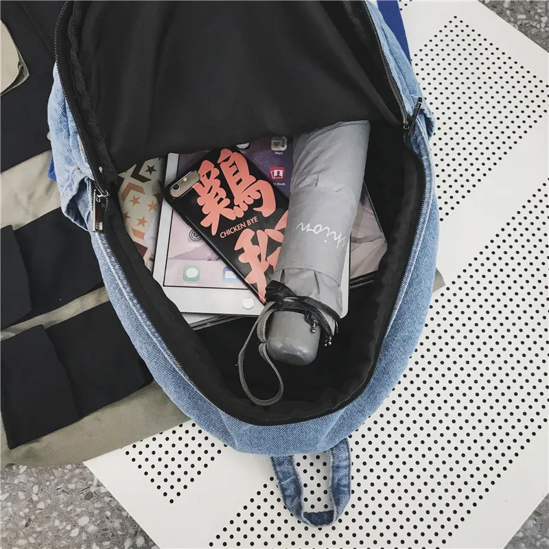 Washed Denim Backpack Women Mens Literature And Art Vintage Jean Backpack Large Capacity Shoulders Bag