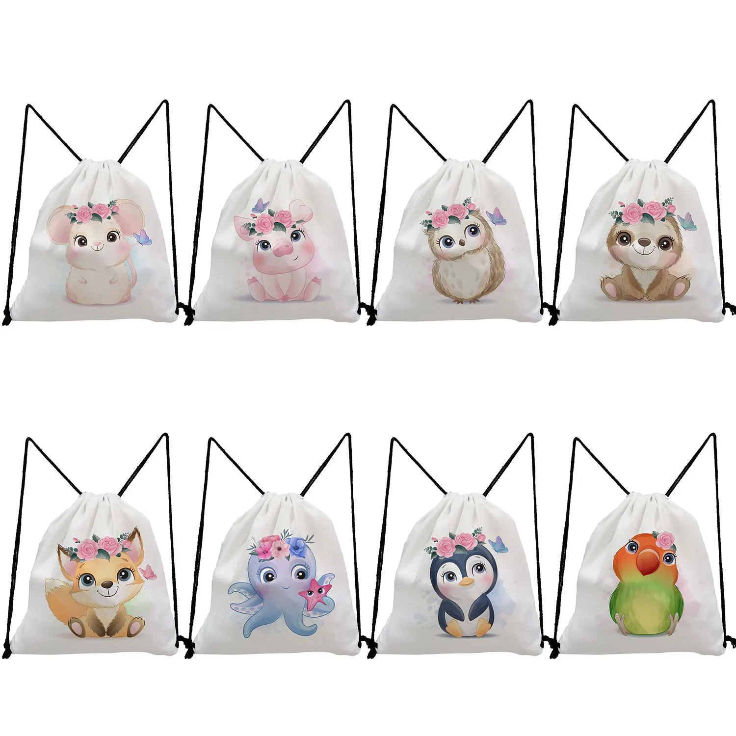 

White Drawstring Pocket Cute Animal Pattern Pig Sloth Owl Parrot Penguin Cat Dog Print Shoes Bag Portable Backpacks for Students