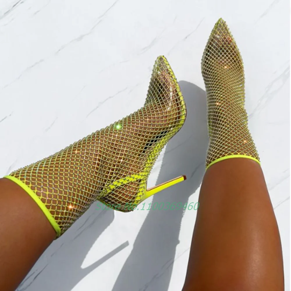 Crystal Mesh Pointed Toe Sandals Ankle Boots Stiletto High Heel Slip On Yellow Solid Sexy Luxury Women Shoes Summer Hot Selling