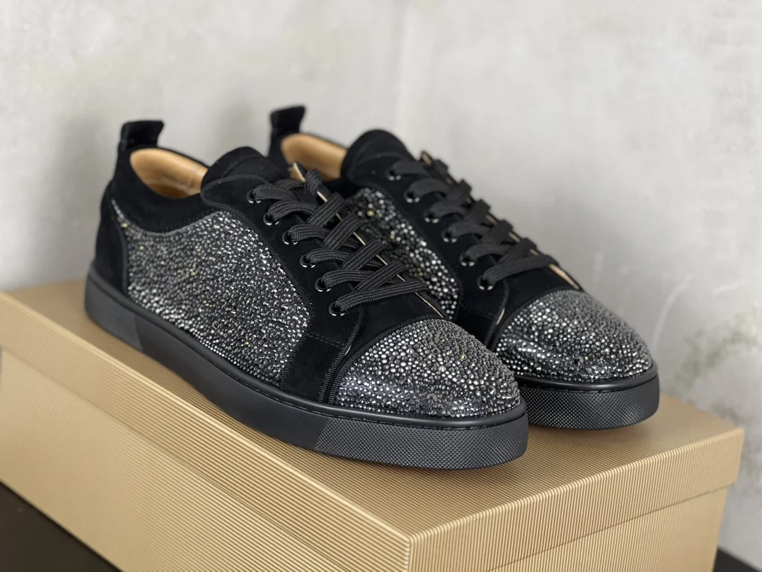 

Low Top Red Bottom Shoes for Men Luxury Crystal Black Glitter Red Soled Shoes