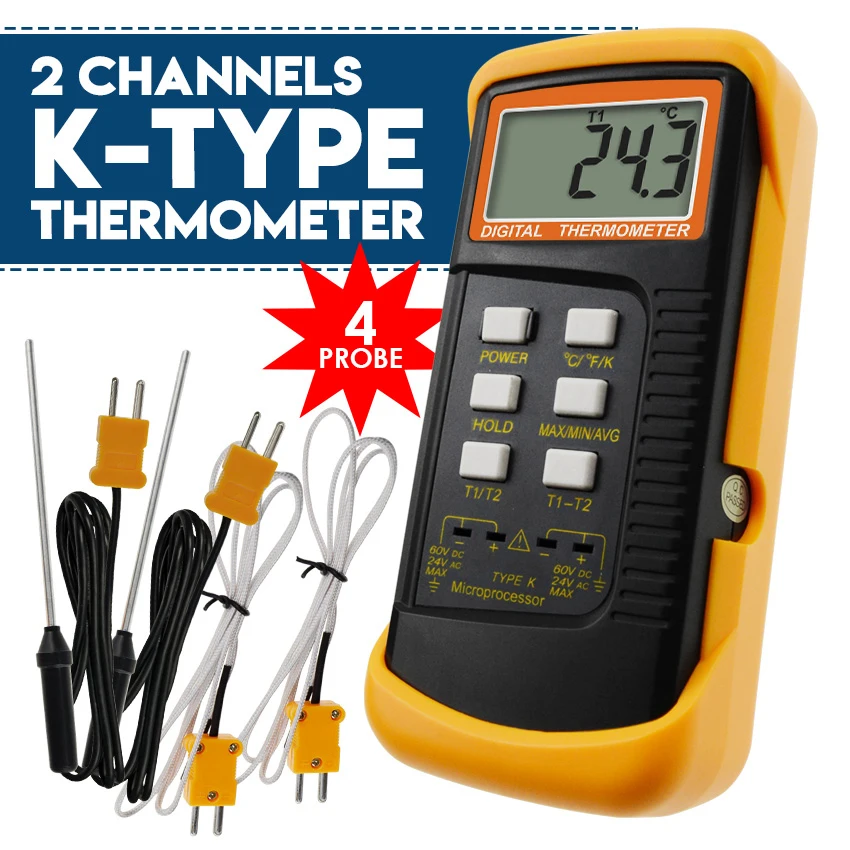 

Digital 2 Channels K-Type Thermometer w/ 4 Thermocouples (Wired & Stainless Steel), -50~1300degC (-58~2372degF) Handheld Meter