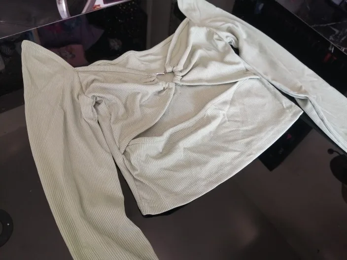 Hollow-Out V-neck Long Sleeve Crop Tops Spring Fall Casual Fashion Women Square Collar Slim Ribbed T-Shirts Backless Tee photo review