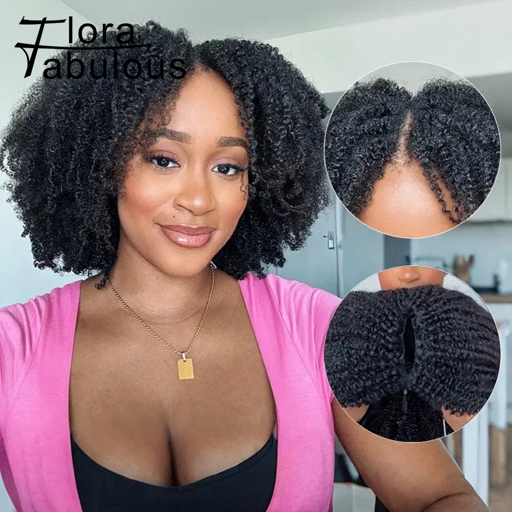 200 densité Afro crépus bouclés V partie perruques cheveux humains pas de laisser crépus bouclés V partie perruque pour les femmes noires sans colle pince dans la demi-perruque 1 200 densité Afro crépus bouclés V partie perruques cheveux humains pas de laisser crépus bouclés V partie perruque pour les femmes noires sans colle pince dans la demi-perruque 1