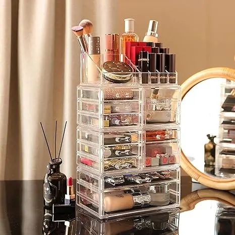 Set of 4 clear stackable organizers. 11 drawers total for cosmetics or skincare. Vanity-friendly design. 3