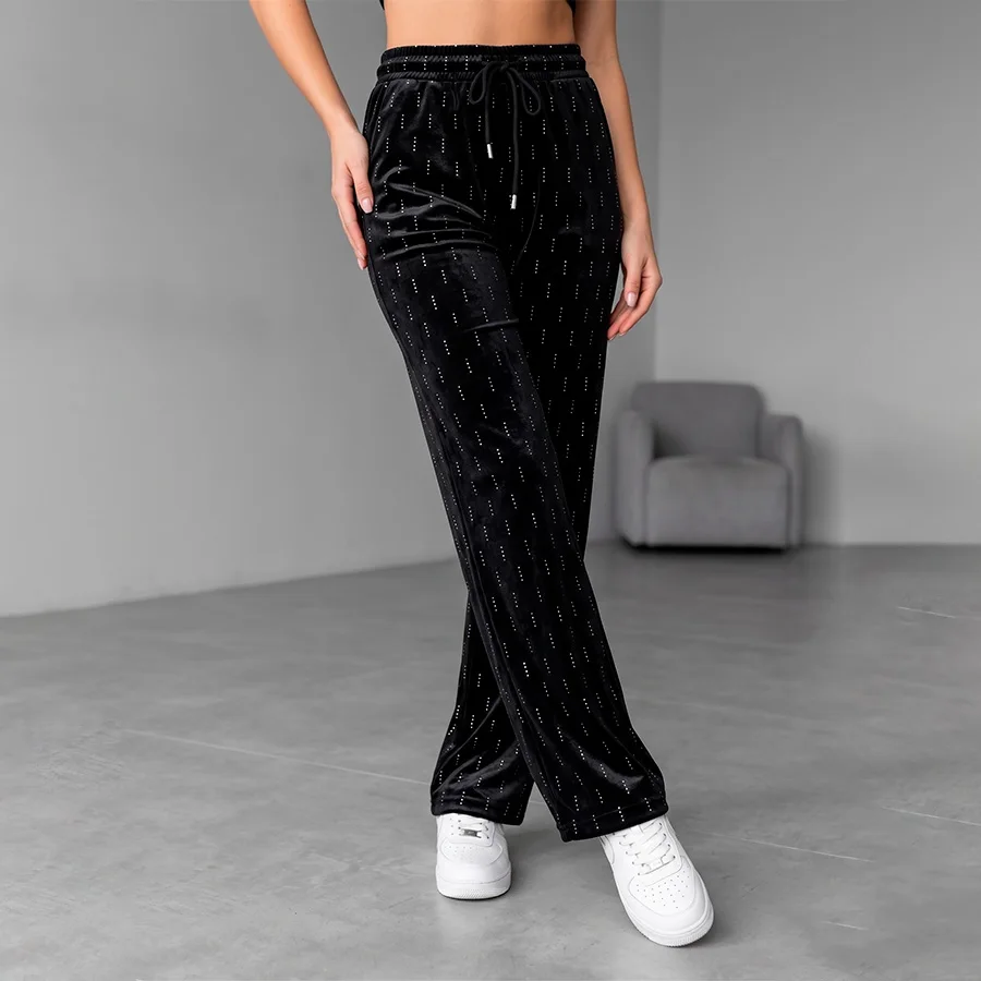 Pantalón de Terciopelo Pierna Ancha con Cintura Elástica y Cordón Ajustable