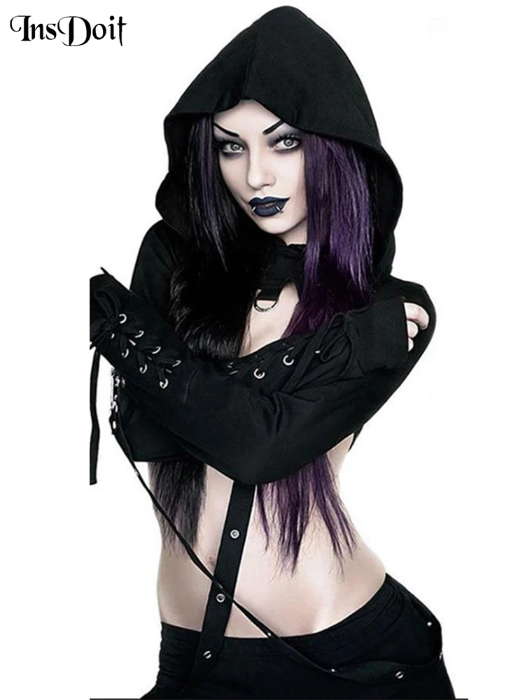 InsDoit Y2K Gothic Hoodies Sweatshirt Long Sleeve Eyelet E-Girl Suspenders Solid Black Crop For Woman Winter Street Punk Hoodies