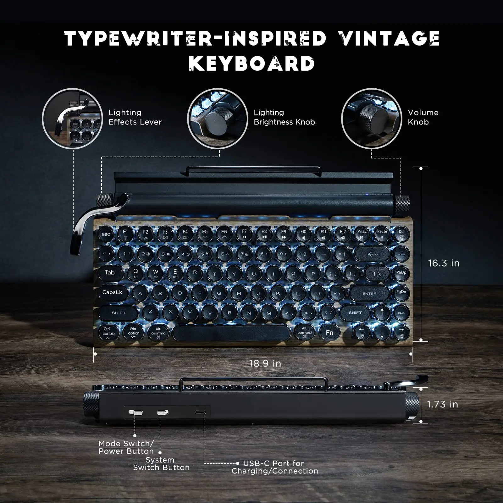 レトロ タイプライター キーボード 100キー デュアル接続モード ブルー レトロ タイプライター キーボード 100キー デュアル接続モード ブルー