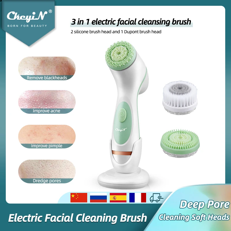 Ckeyin 3 In 1 Electric Facial Cleansing Brush Silicone Rotating Face Brush Deep Cleaning Skin