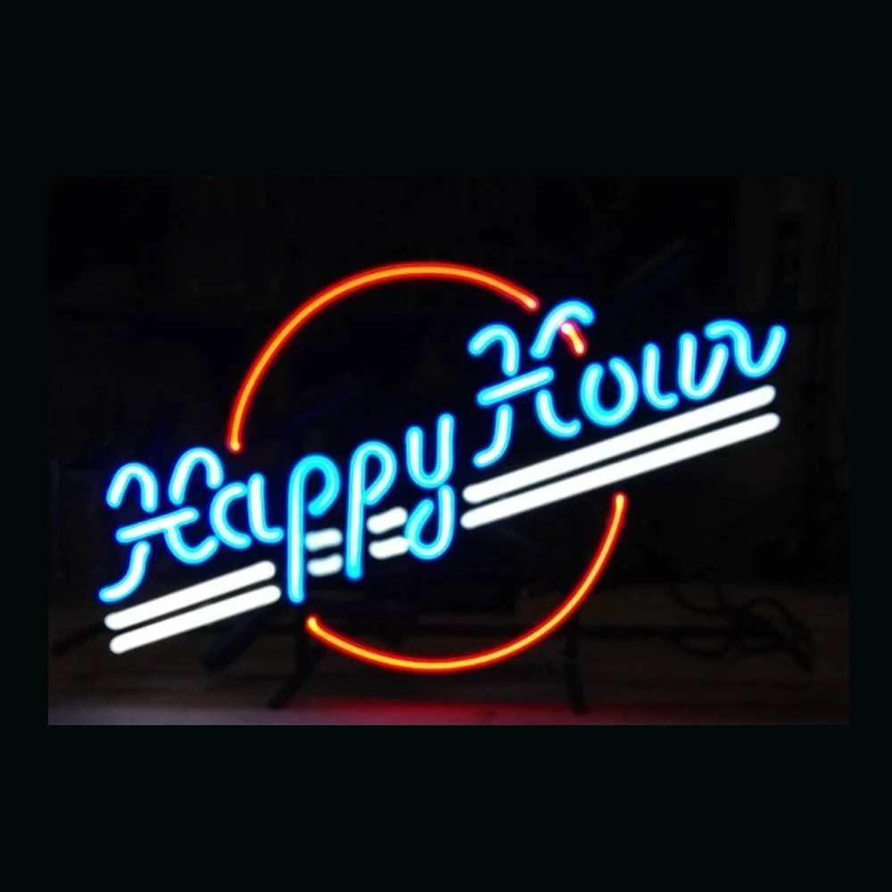 

HAPPY HOUR Red Circle светильник Sign Custom Handmade Real Glass Tube Bar KTV Store Motel Display Lamp Room Decor Gift 17 "X10"