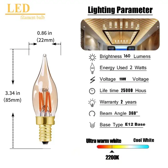 E14 Bulb Basee12/e14 Led Filament Candle Bulb 4w/6w Warm White 30000hrs  For Lava Lamps