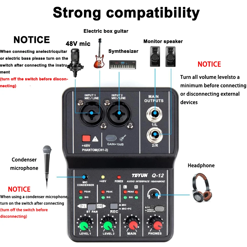 Q12 2 Channels Portable Audio Interface Sound Card Console Mini USB Mixer Professional for Guitar Recording Studio Singing