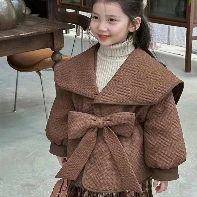 Fashion Baby Girl Princess Cotton Padded Jacket Spring Autumn Winter Child Bow Coat Waist Outwear Solid Color Baby Clothes 1-8Y