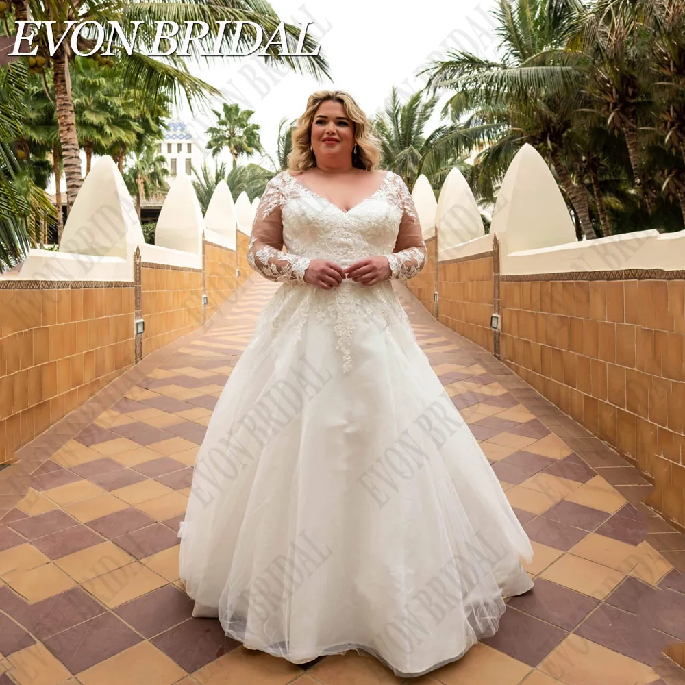 

EVON BRIDAL Civil Plus Size Wedding Dresses Long Sleeves Applique Bride Gowns Lace Up A-Line V-Neck vestidos novias boda