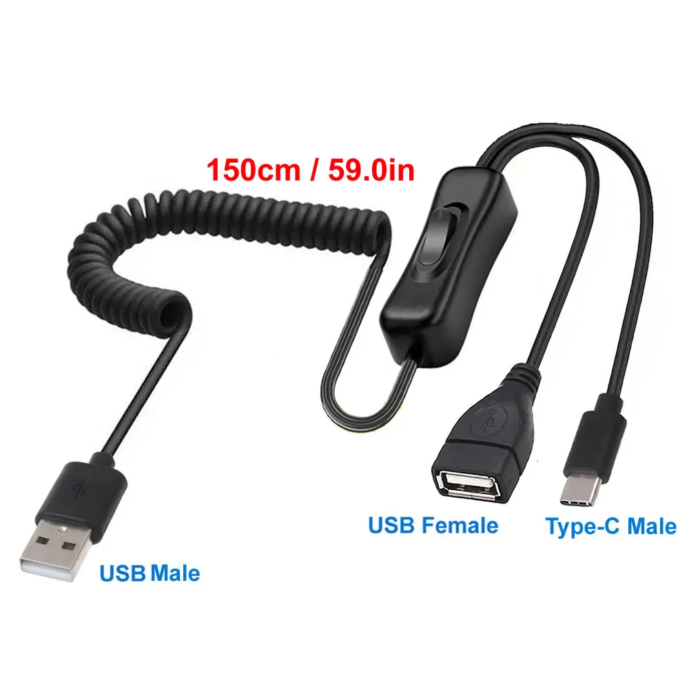 USB Type C Spring Telescopic Charging Cable with On/Off Switch - Extension Cord with Double USB Splitter