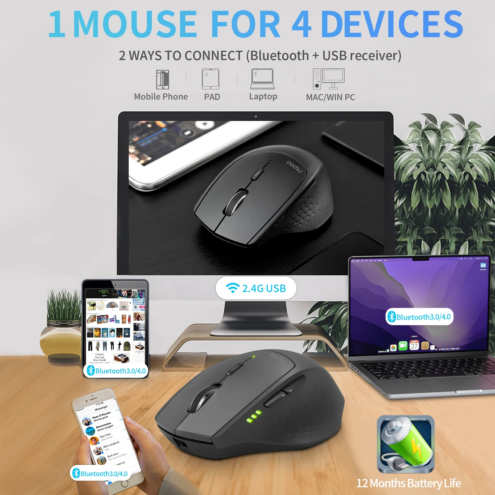 RAPOO MT550 Multi-mode Wireless Mouse Connect Up to 4 Devices 1600 DPI Ergonomic Bluetooth Mouse 12 Month Long Battery Wireless Mouse Ergonomic Mouse