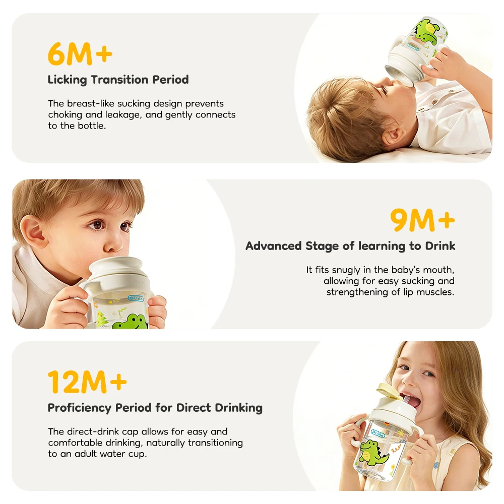 MAMIJOY 베이비 워터 컵 2-in-1 280/330ML 빨대 뚜껑이 있는 어린이용 빨대컵 누출 방지 6M-12M+ 학습용 마시는 컵 GW40