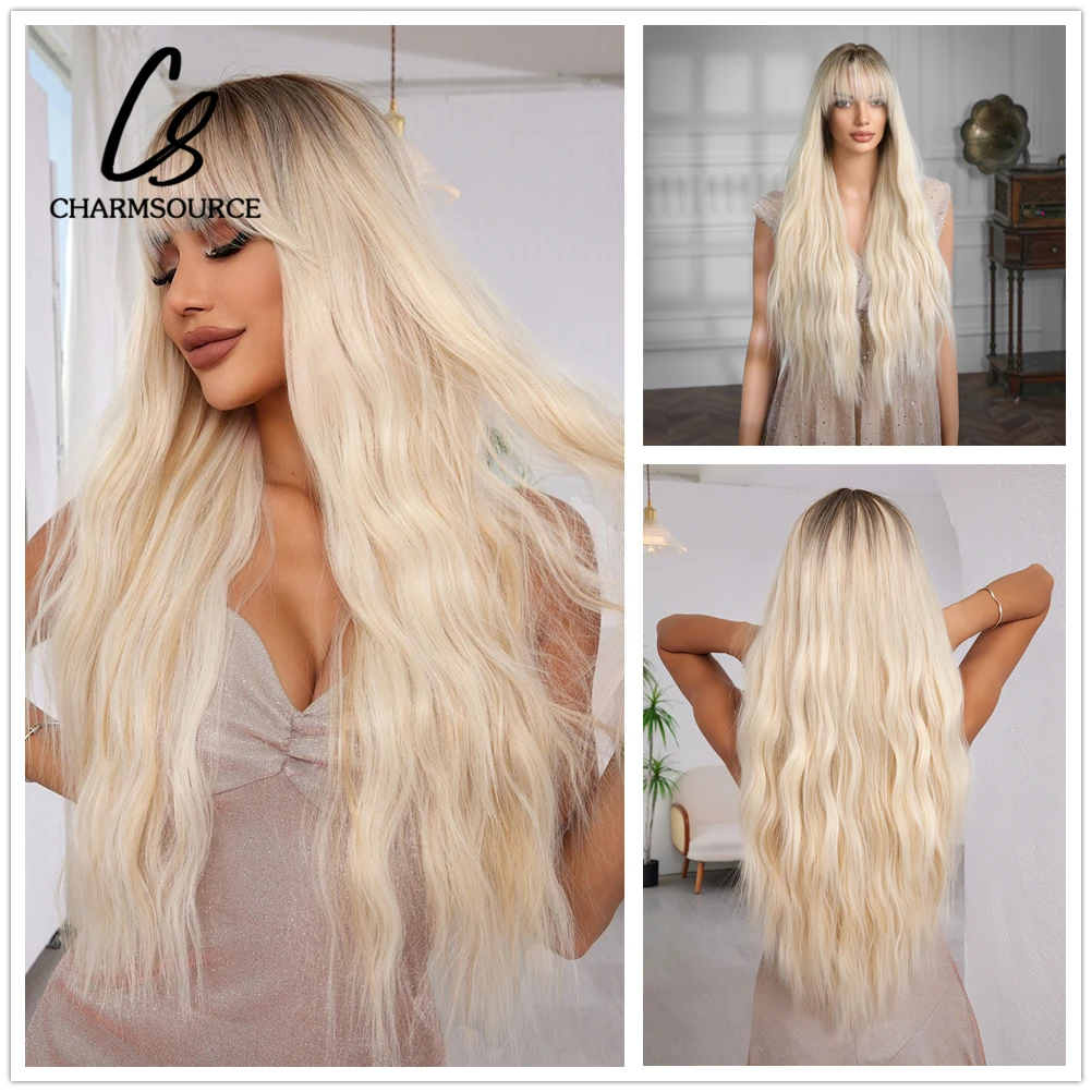 

CharmSource Long Platinum Ombre Blonde Wigs Wavy Synthetic Hair Wig with Bangs Dark Root Women Daily Party Heat Resistant Fibers