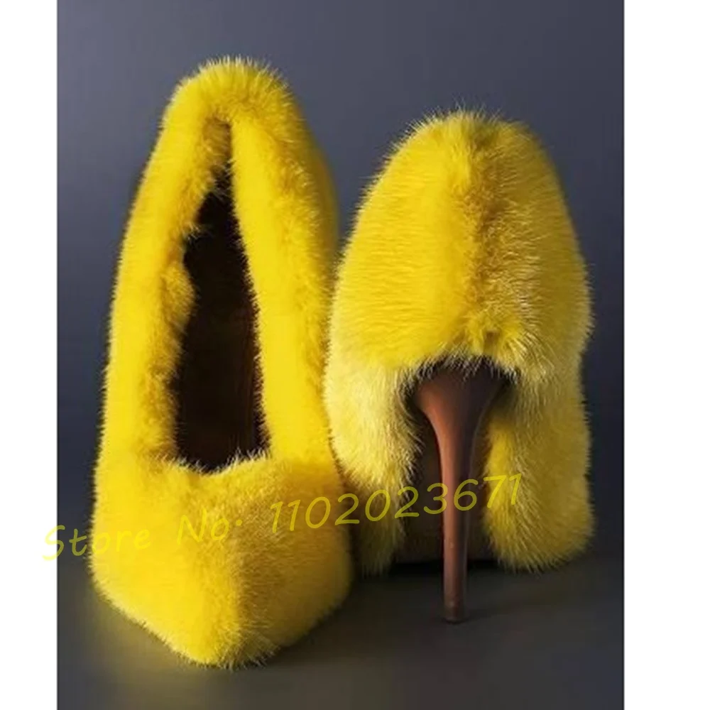 

Yellow Fluff Pointy Heels Pumps Women Elegant Catwalk Luxury Fur High Heel Shoes 2022 Chic Pumps Ladies Summer Party Dress Pumps