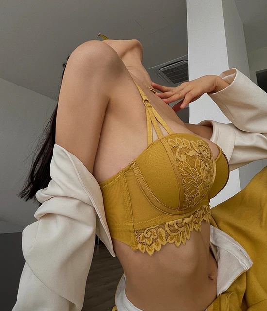 Women Lace Embroidery Underwear Sexy Deep V Push Up Bra and Panty Set  Summer Mustard Color Lingerie Adjustable Strap Brassiere