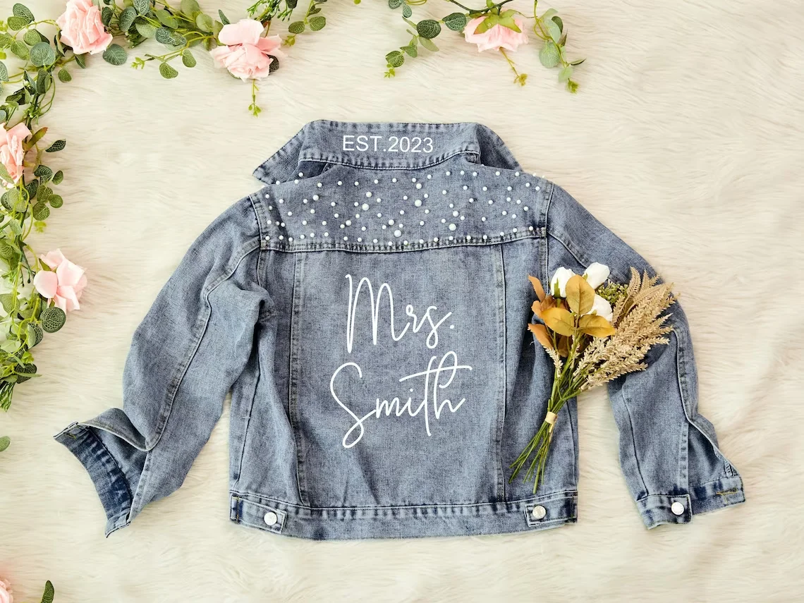 Bachelorette Custom Bridal Denim Jacket Personalized Pearl Jean Jacket Future Mrs Wedding Wifey Coat Bridal Shower Gift custom luxury embossed wedding invites bridal shower invitations elegant wedding invitations cards