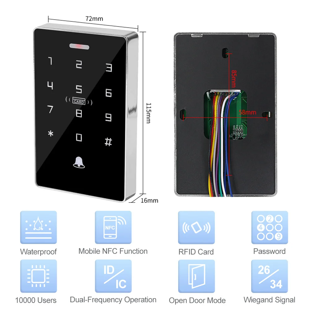 NFC Backlight Touch Dual Frequency 125KHz + 13.56MHz RFID Card Access Control Keypad Door Lock Opener WG Output IP68 Watreproof access control keypad