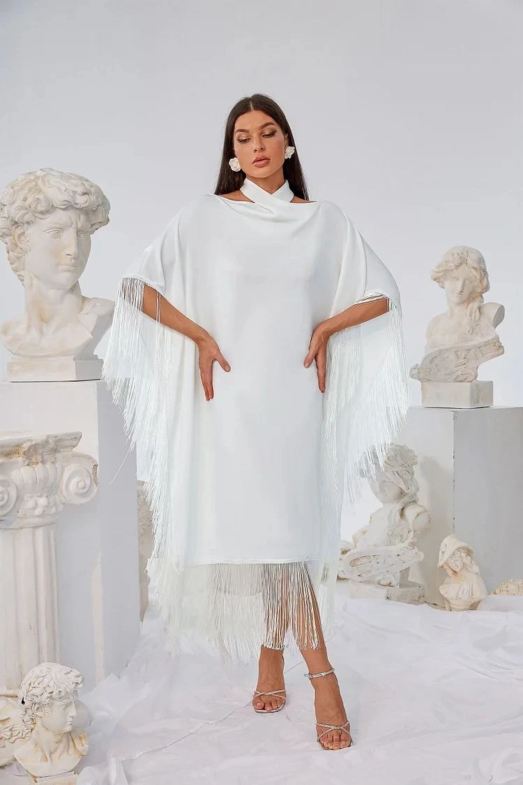 Women's luxurious elegant Evening  White Tassel Cross Halter One piece Birthday  Evening  Cocktail Club Party Dress