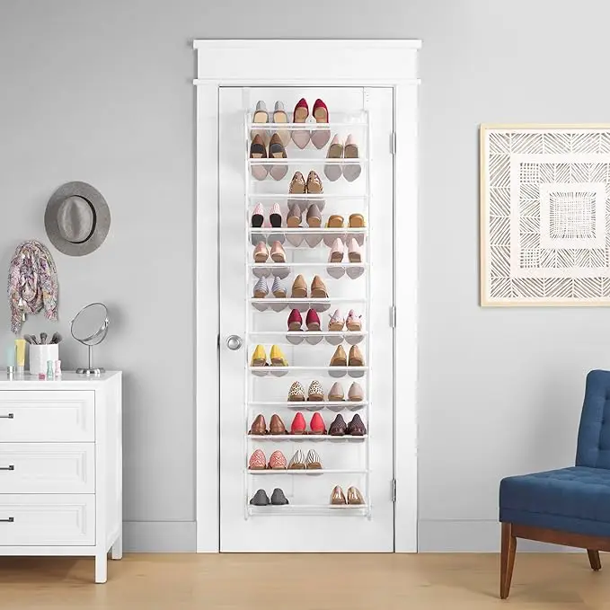 White over-the-door shoe organizer. Holds 36 pairs, metal and mesh design. Space-saving and durable. 3