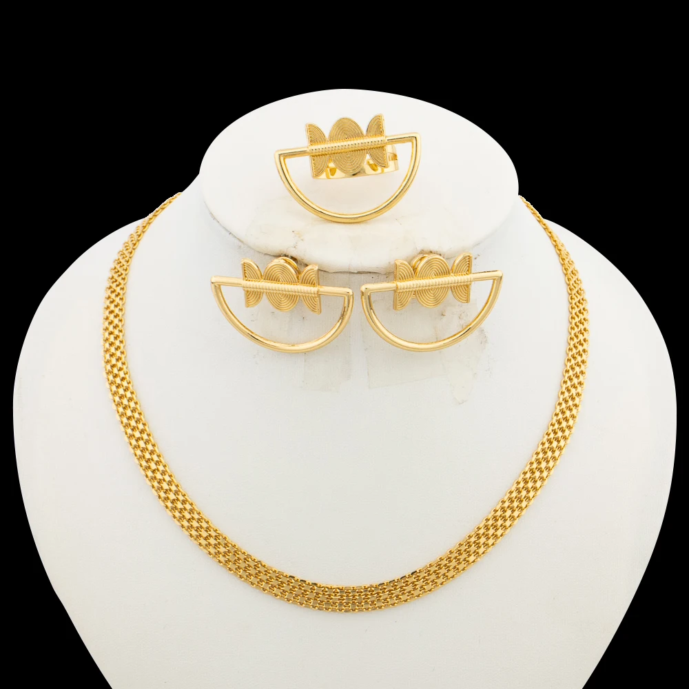 

African Gold Color Jewelry Set for Women Clip Earrings and Finger Ring Chain Necklace Set for Bride Jewelry Accessories Gifts