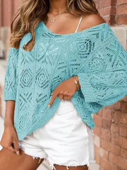 Woman's Chic Bat Sleeves Knit Top Outer Wear, Top Part Wear Hollow Design Boho Loose Style 6