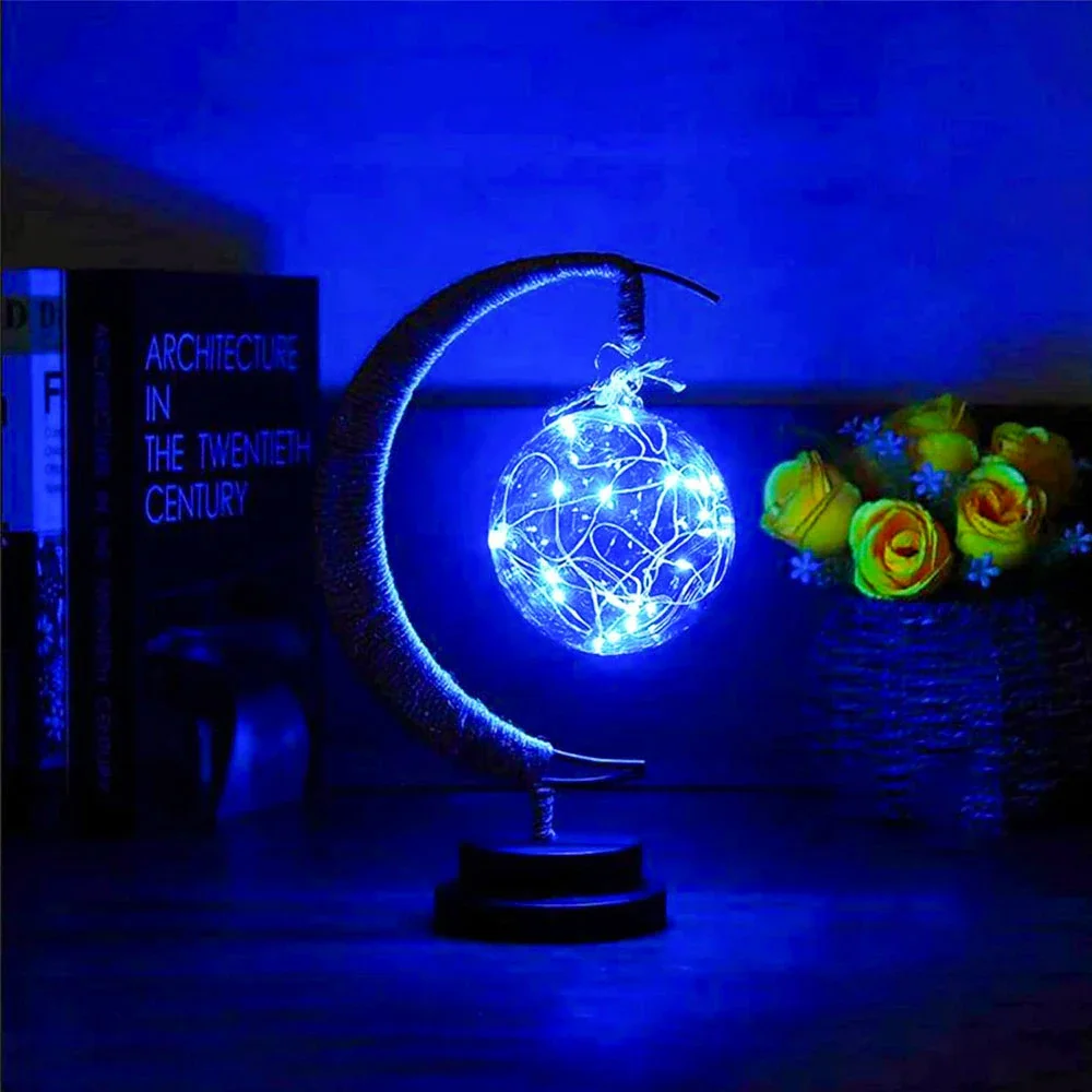 LED 별 달 라탄 테이블 램프 창의적인 헴프 스탠드 홀더 로프 철제 장식 라마단 달 소원 볼 램프