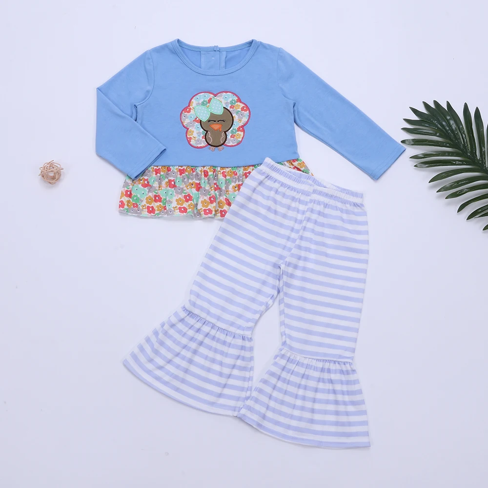 

2022 Thanksgiving Fall Clothes Girls Set Blue Turkey Floral Long Sleeve Dress And Purple Stripe Long Pants Outfits For 1-8T Baby