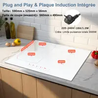 Индукционная табличка 4 Feux Blanc avec Prise, Cooksir Plaque de Cuisson Induction Encastrable, 60 см, 3500 Вт, мини-изображение, 230 В — изображение 6