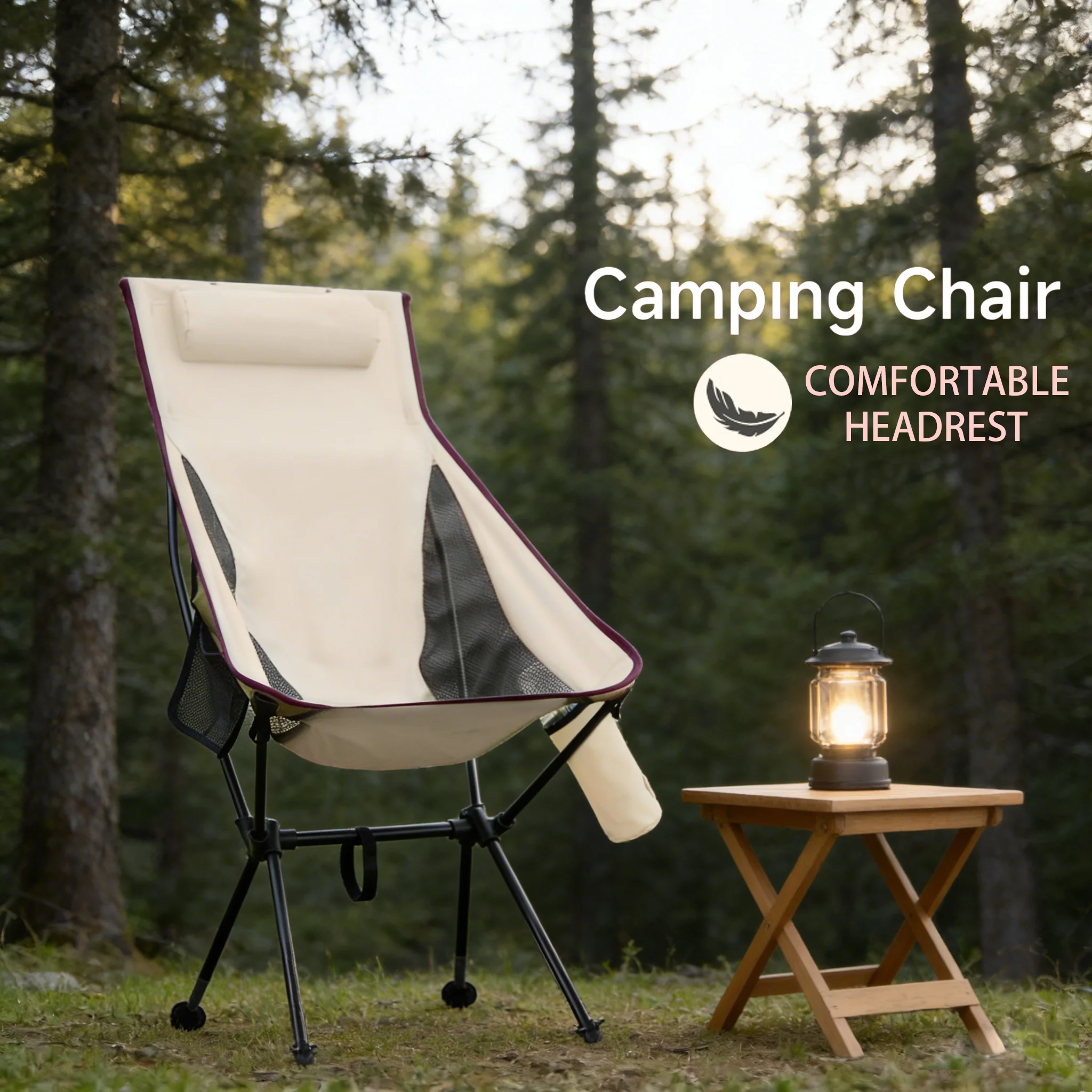 Chaise de camping pliable dossier haut avec appui-tête, capacité 330Lbs aluminium léger pour pêche et plage