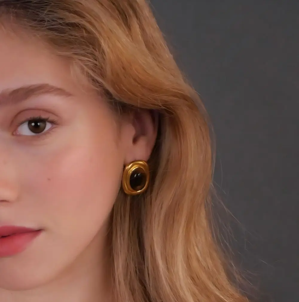 New Products Statement Nature Stone Tiger-eye Earrings Waterproof Gold Plated Stainless Steel Pearl Stud Earrings for Women 5