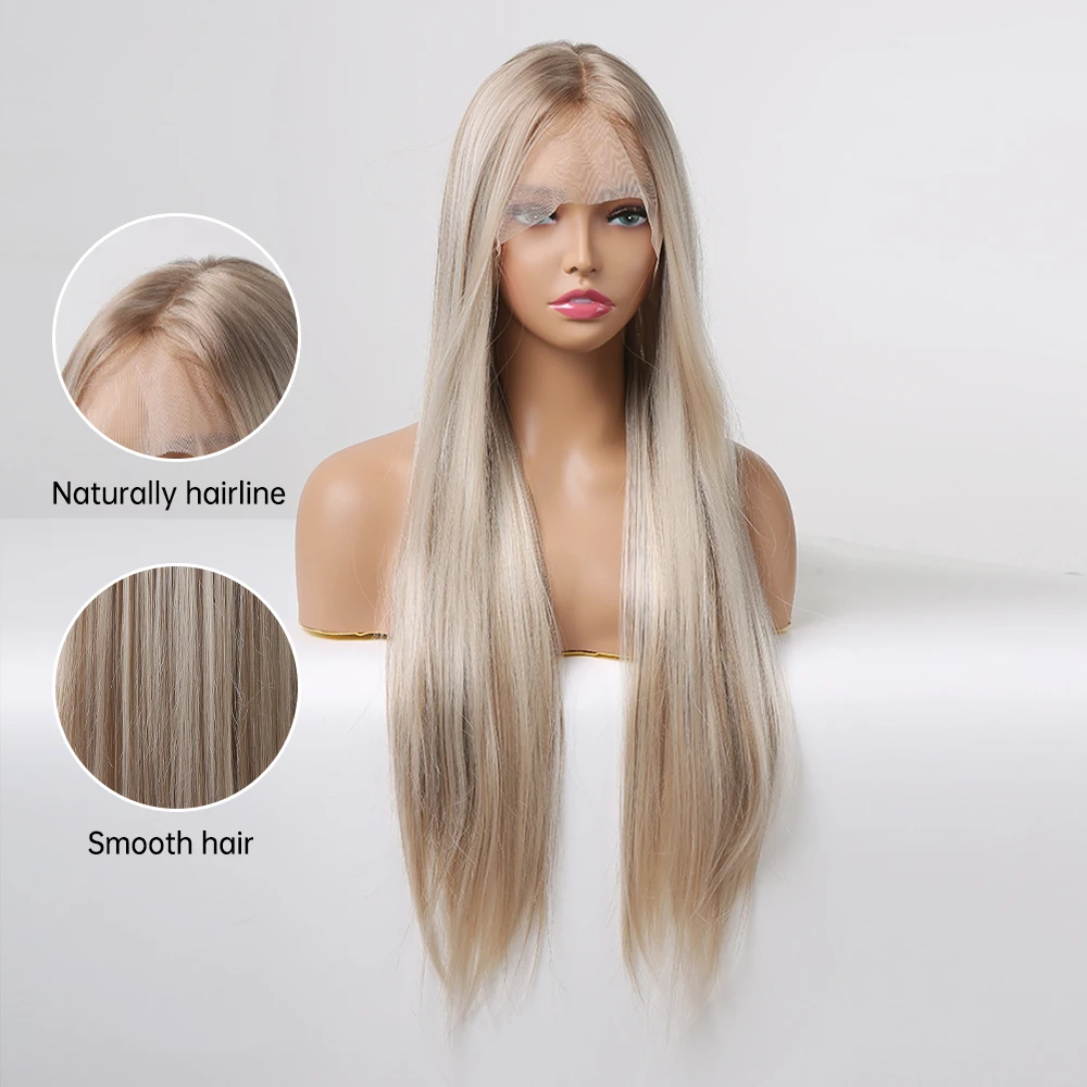 ブラウンブロンドレースフロントかつらロングストレート合成