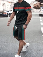 Men's New Summer Suit Line Print Simple Sport Splicing Trend T-shirt Loose Casual Suit Short Sleeve Shorts Men's Summer Suit 1