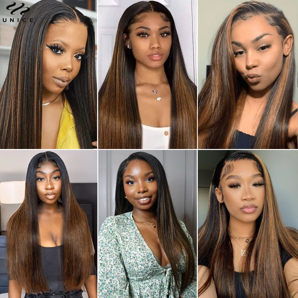 UNice Hair Brown Balayage Straight Human Hair Bundles 1/3/4 PCS Deal Highlight Color Bundles 100% Human Hair Sew In Weave 6
