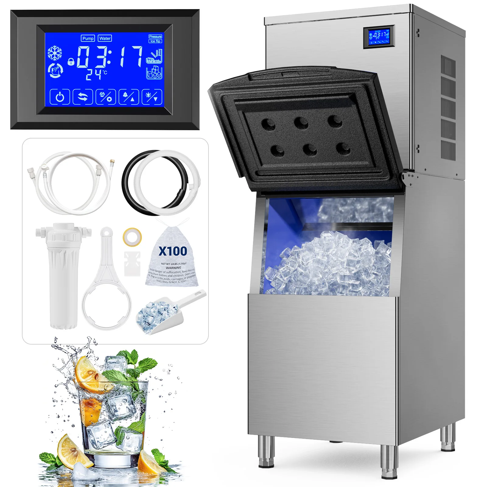 ETL Listed 600LBS/24H Commercial Ice Machine,560LBS Large Capacity Industrial Ice Maker Self-Cleaning & Timing ,Stainless Steel 1