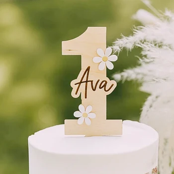 맞춤형 생일 케이크 토퍼 데이지, 나이와 이름, 생일 토퍼 번호 맞춤 나무, 소박한 케이크 토퍼