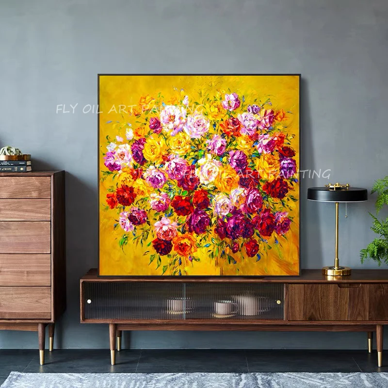 

100% Handmade colorful pink flower with yellow canvas thick landscape oil painting for office living room as a gift