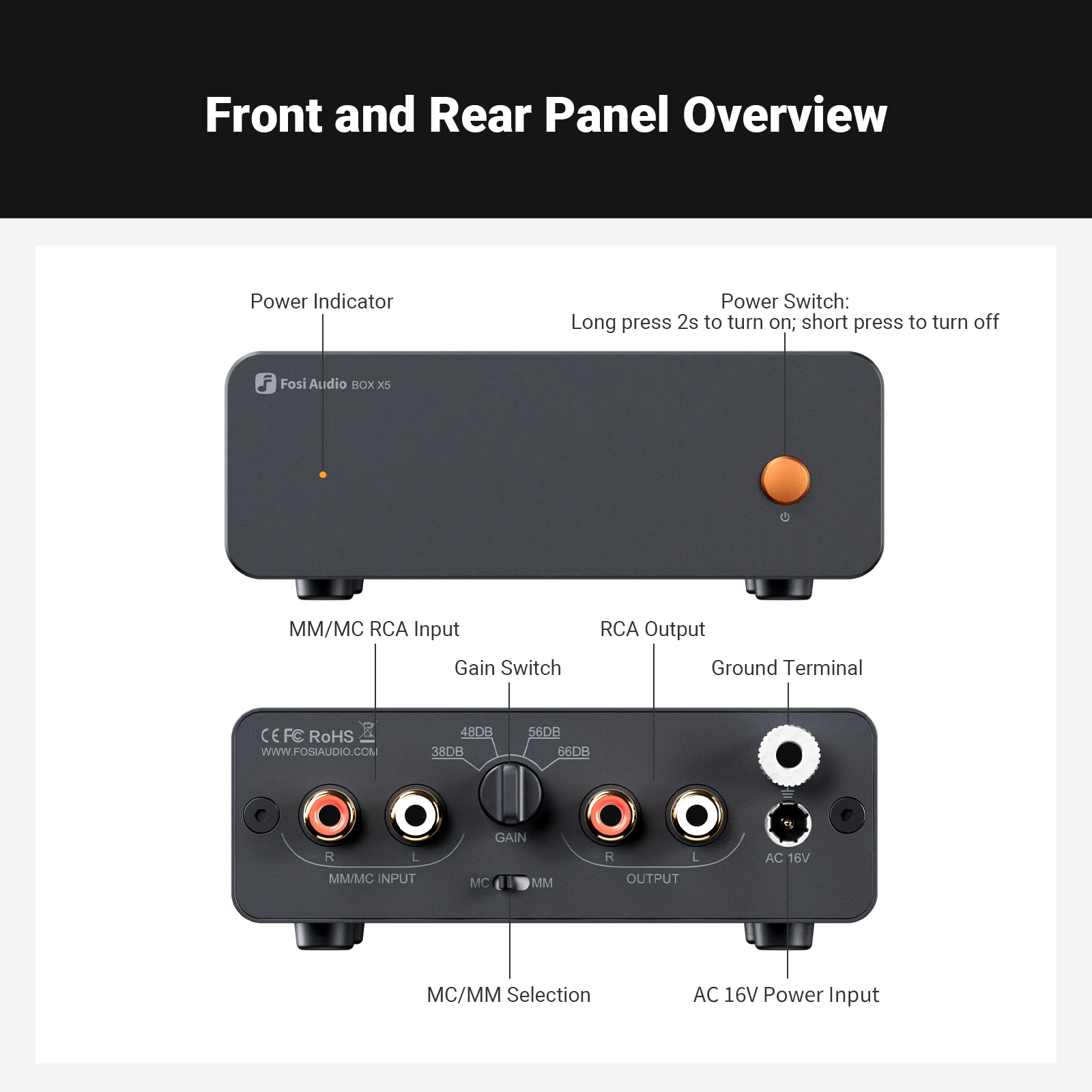 Fosi Audio BOX X5 HIFI Phono Preamp, Mini Preamplifie Home Audio for MM/MC Cartridge Turntable RIAA Preamplifier compact with V3 2