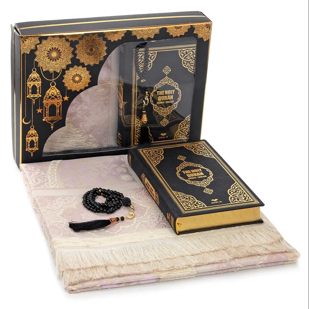 3pc-muslim-prayer-rug-set-sejadah-rosary-quran-with-english-translation-prayer-mat-gift-set-muslim-items-eid-gift-ramadan-gift