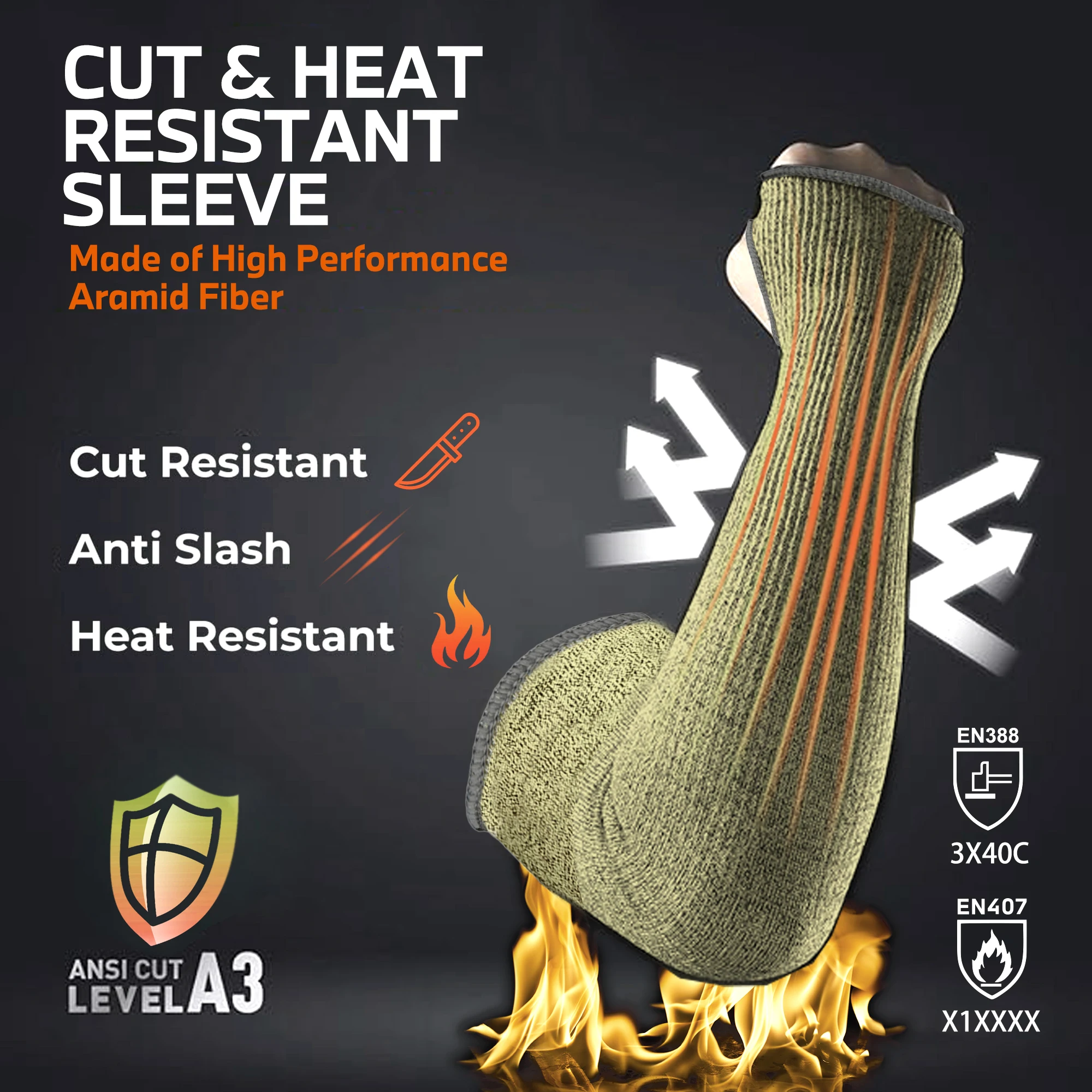 Kevlar Anti-Cut Aramid Fiber Protective Sleeves, 44cm, Heat Resistant