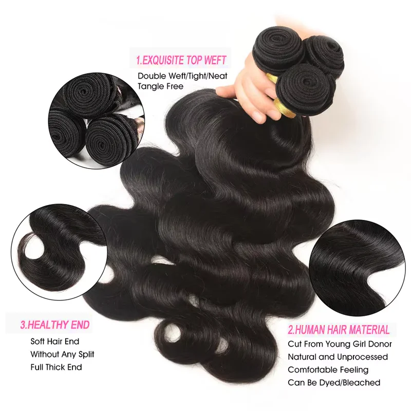 Body Wave 100% Human Hair Bundles With Frontal Brazilian Bundles With 13x4 Frontal Human Hair Weave Extensions 3 #1B