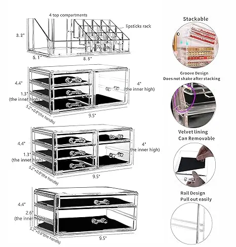 Set of 4 clear stackable organizers. 11 drawers total for cosmetics or skincare. Vanity-friendly design. 2