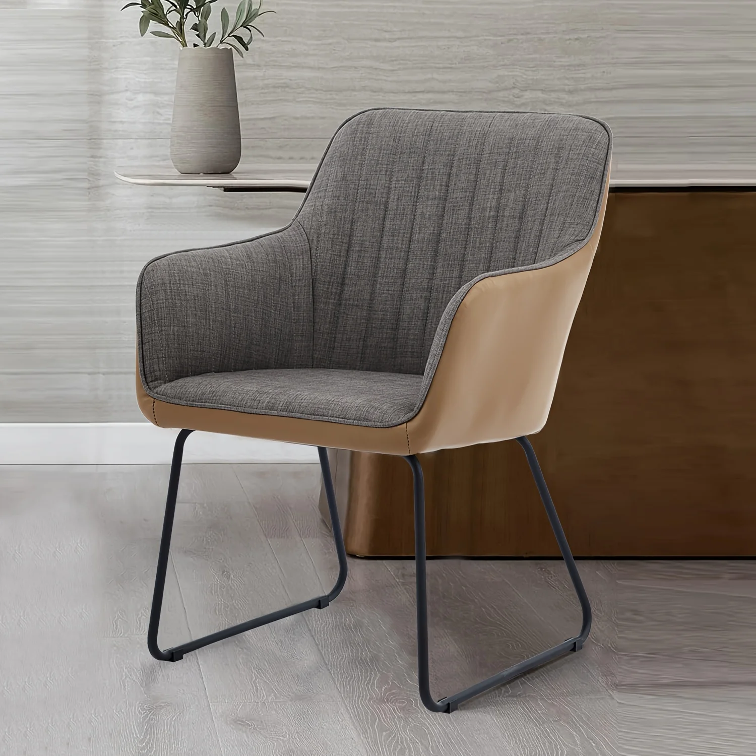 Leisure Chair Dining Chair Integrated Modern Leather Splicing Linen Comfortable Decorative Chair Metal Leg Cushioned Office 1pc 4